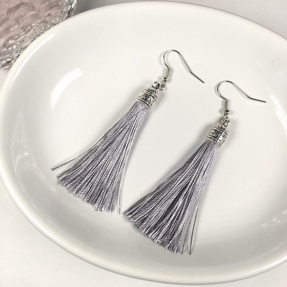 Gray Tassel Drop Earrings - Picture 5 of 6